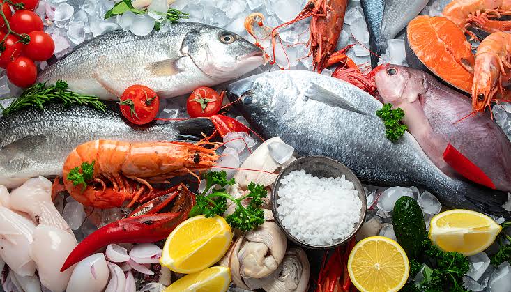 Assorted fresh seafood on ice